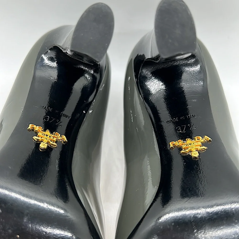 Prada Authenticated Black/Dark Gray Leather High Heels Shoes *Sz 37.5/US Sz 7.5* - Picture 10 of 11